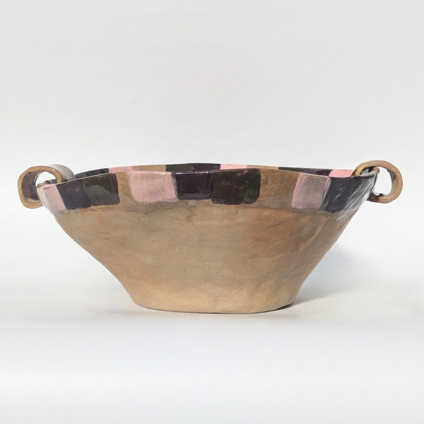 Wondering People_Smokey Olive, Chocolate Brown & Pink Dash Handled Large Serving Bowl_43