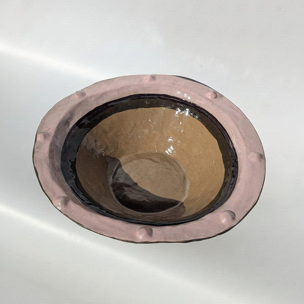 Wondering People_Smokey Olive, Chocolate Brown & Pink Lined Bobble Serving Bowl_44