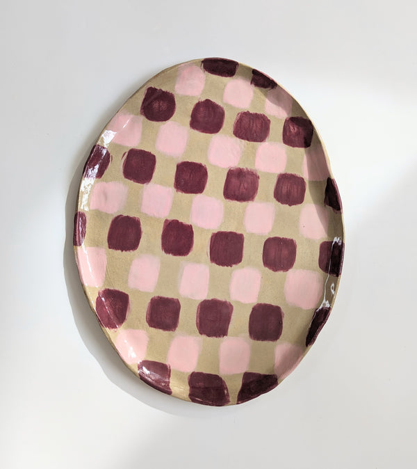 Wondering People_Pink & Burgundy Check Oval Platter_41